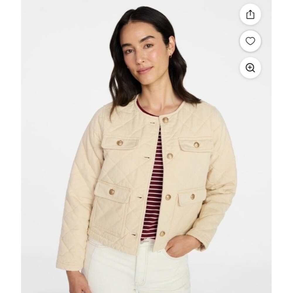 Classic Beige Quilted Button Short Lined Plus Size Jacket w Buttons